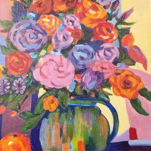 Original 8 x 10 Painting Collectible Artist Signed CASSANDRA "Floral w/ Fruit #1